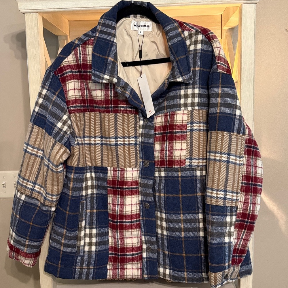 Vigoss Plaid Pea Coat in Blue, Red, and Tan